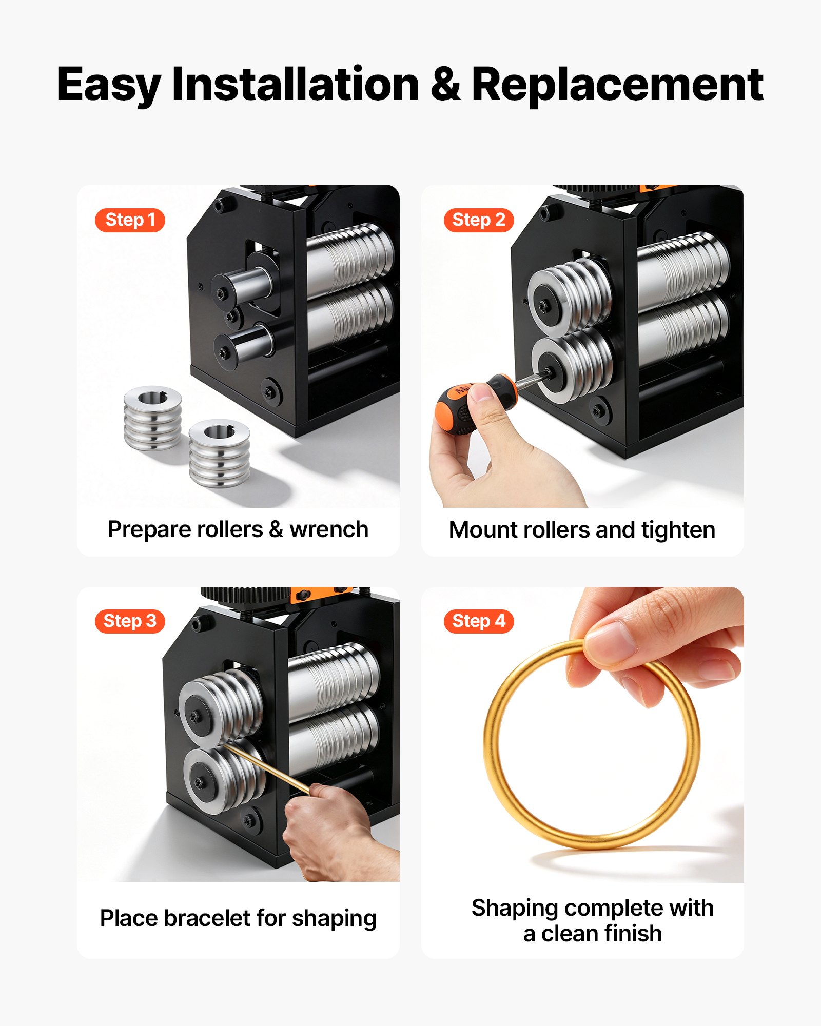VEVOR Replacement Roller for Rolling Mill 4 Sizes Grooves 2 Round Rollers, Jewelry DIY Tool Accessory Parts, Premium Alloy Steel, Easy Installation, for Pressing Ductile Metals, Gold, Silver, Brass