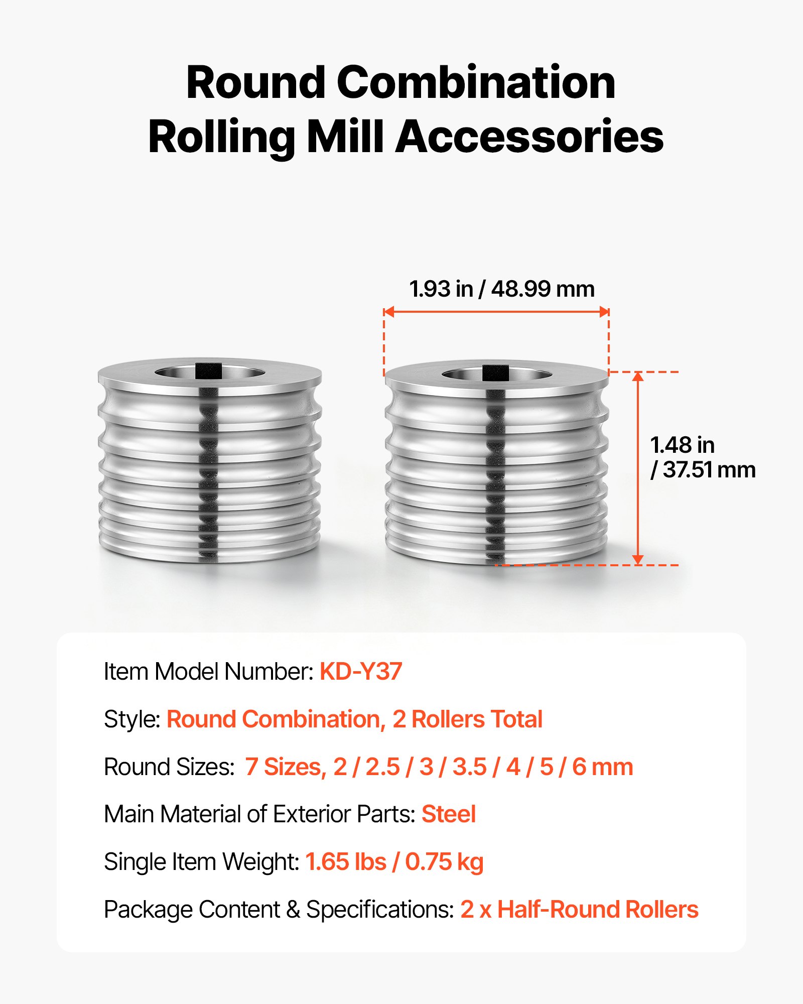 VEVOR Replacement Roller for Rolling Mill 7 Sizes Grooves 2 Round Rollers, Jewelry DIY Tool Accessory Parts, Premium Alloy Steel, Easy Installation, for Pressing Ductile Metals, Gold, Silver, Brass