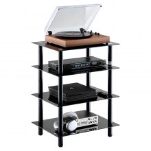 VEVOR 4-Tier AV Media Stand Strengthened Tempered Glass Audio-Video Media Stand, AV Media Stand Corner Shelf Corner Shelves Component Cabinet Stereo Audio Rack Stand Tower Perfect for DVD Players For Game Console/TV Box, Living Room Storage, Corner Entertainment Center, Black