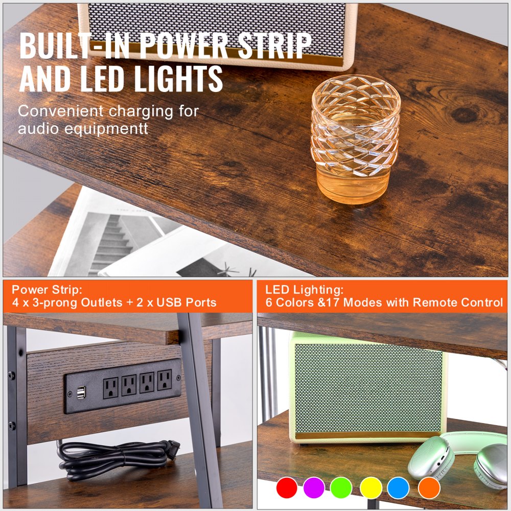 VEVOR 4-Tier AV Media Stand with Power Strips, Corner TV Stand with LED Lights, Height Adjustable Wooden Shelves for DVD Players/Cable Boxes/Games Consoles, Brown