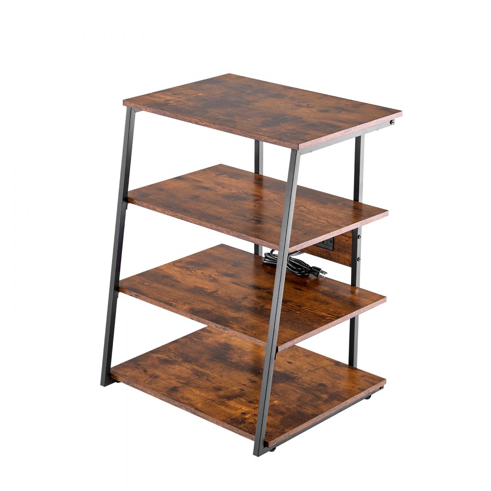 VEVOR 4-Tier AV Media Stand with Power Strips, Corner TV Stand with LED Lights, Height Adjustable Wooden Shelves for DVD Players/Cable Boxes/Games Consoles, Brown