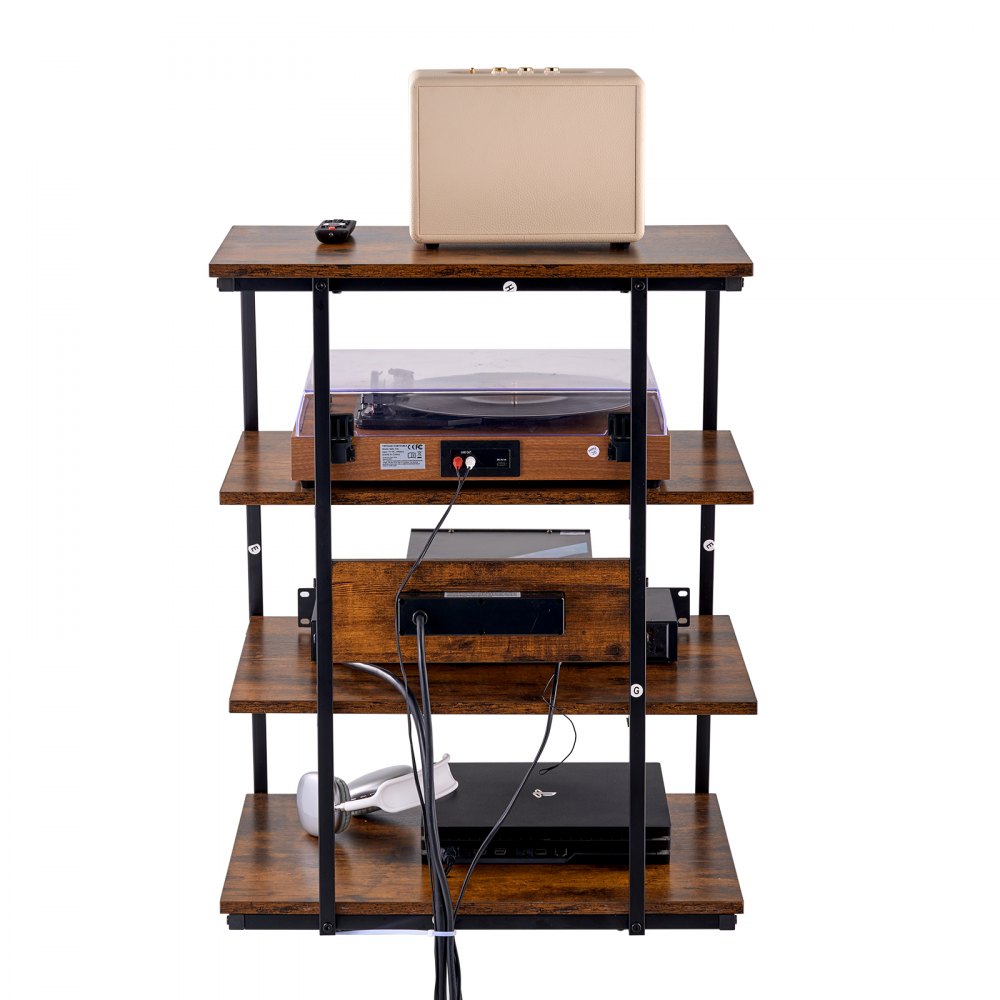 VEVOR 4-Tier AV Media Stand with Power Strips, Corner TV Stand with LED Lights, Height Adjustable Wooden Shelves for DVD Players/Cable Boxes/Games Consoles, Brown