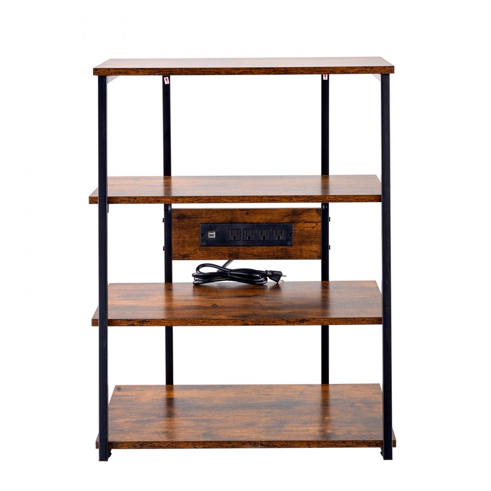 VEVOR 4-Tier AV Media Stand with Power Strips, Corner TV Stand with LED Lights, Height Adjustable Wooden Shelves for DVD Players/Cable Boxes/Games Consoles, Brown