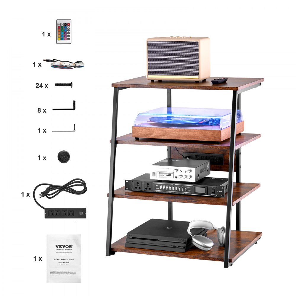 VEVOR 4-Tier AV Media Stand with Power Strips, Corner TV Stand with LED Lights, Height Adjustable Wooden Shelves for DVD Players/Cable Boxes/Games Consoles, Brown
