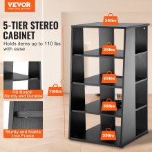 VEVOR 5-Tier AV Media Stand, Wooden Audio-Video Media Stand for DVD Players/Cable Boxes/Games Consoles, Height-Adjustable Media Storage Cabinet for Gaming, Recording Room, Black