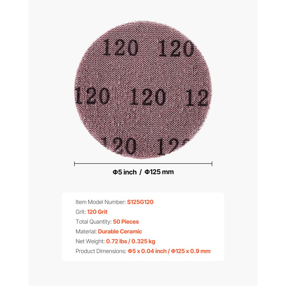 VEVOR 5-inch Mesh Abrasive Sanding Discs, 50PCS 120 Grit Anti-Clogging Ceramic Sandpapers Dust Free, Hook-and-Loop Sanding Discs for Metal Wood Plaster Sanding, Car Body Repair, Paint Removal