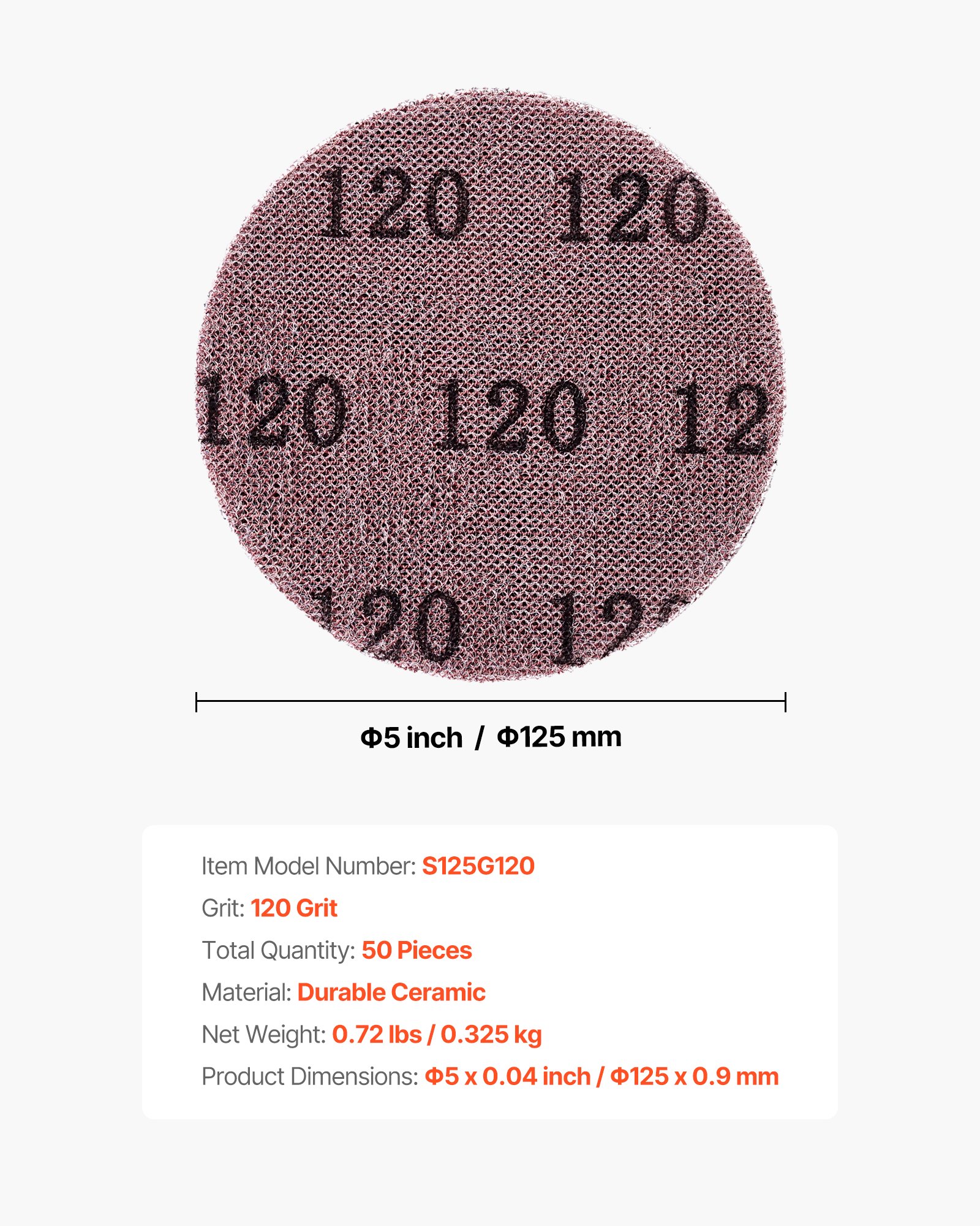 VEVOR 5-inch Mesh Abrasive Sanding Discs, 50PCS 120 Grit Anti-Clogging Ceramic Sandpapers Dust Free, Hook-and-Loop Sanding Discs for Metal Wood Plaster Sanding, Car Body Repair, Paint Removal