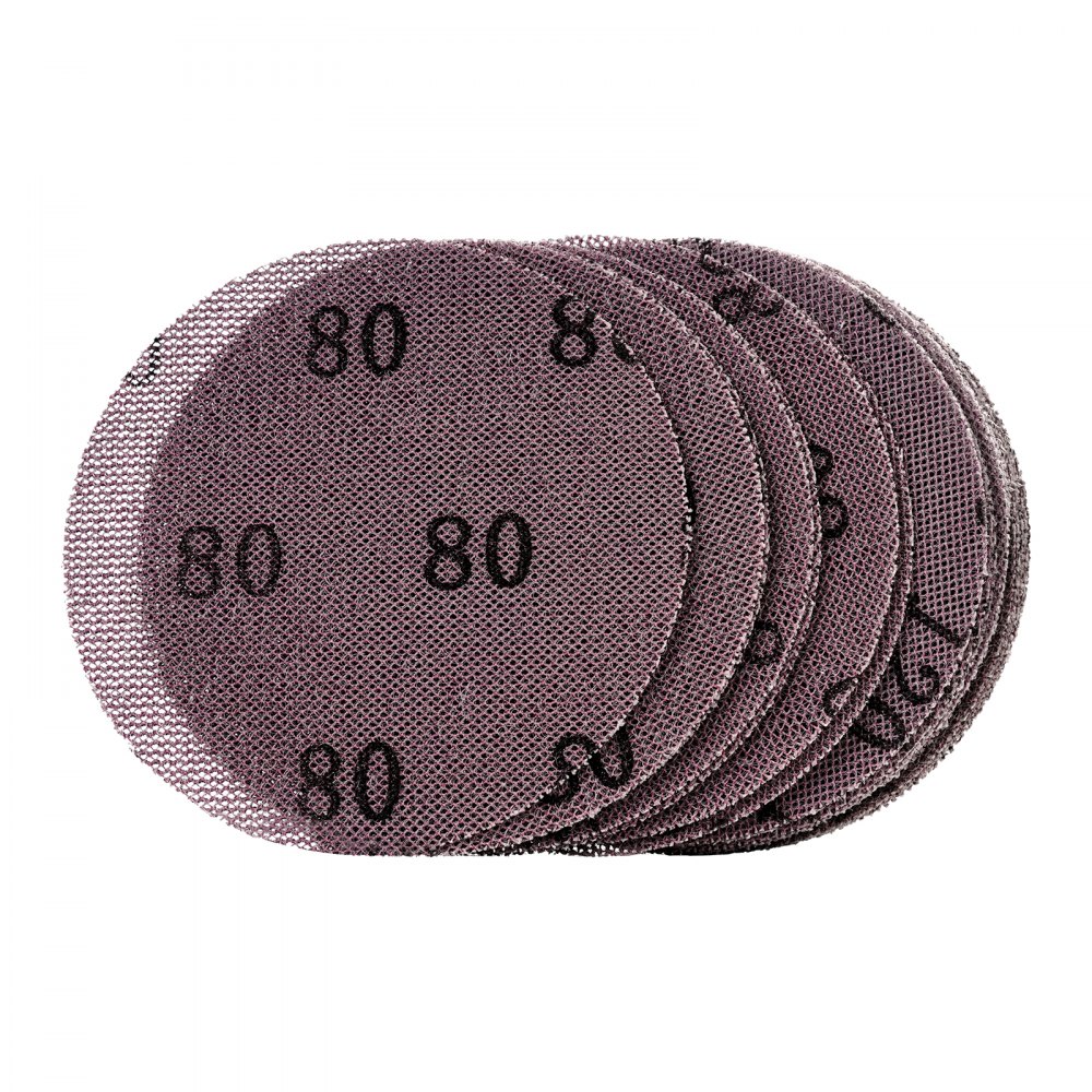 VEVOR 5-inch Mesh Abrasive Sanding Discs 50PCS, Grit 80/120/180/240/320 Assorted Anti-Clogging Ceramic Mesh Sandpapers, Hook-and-Loop Sanding Discs for Metal Wood Plaster, Car Body, Paint Removal