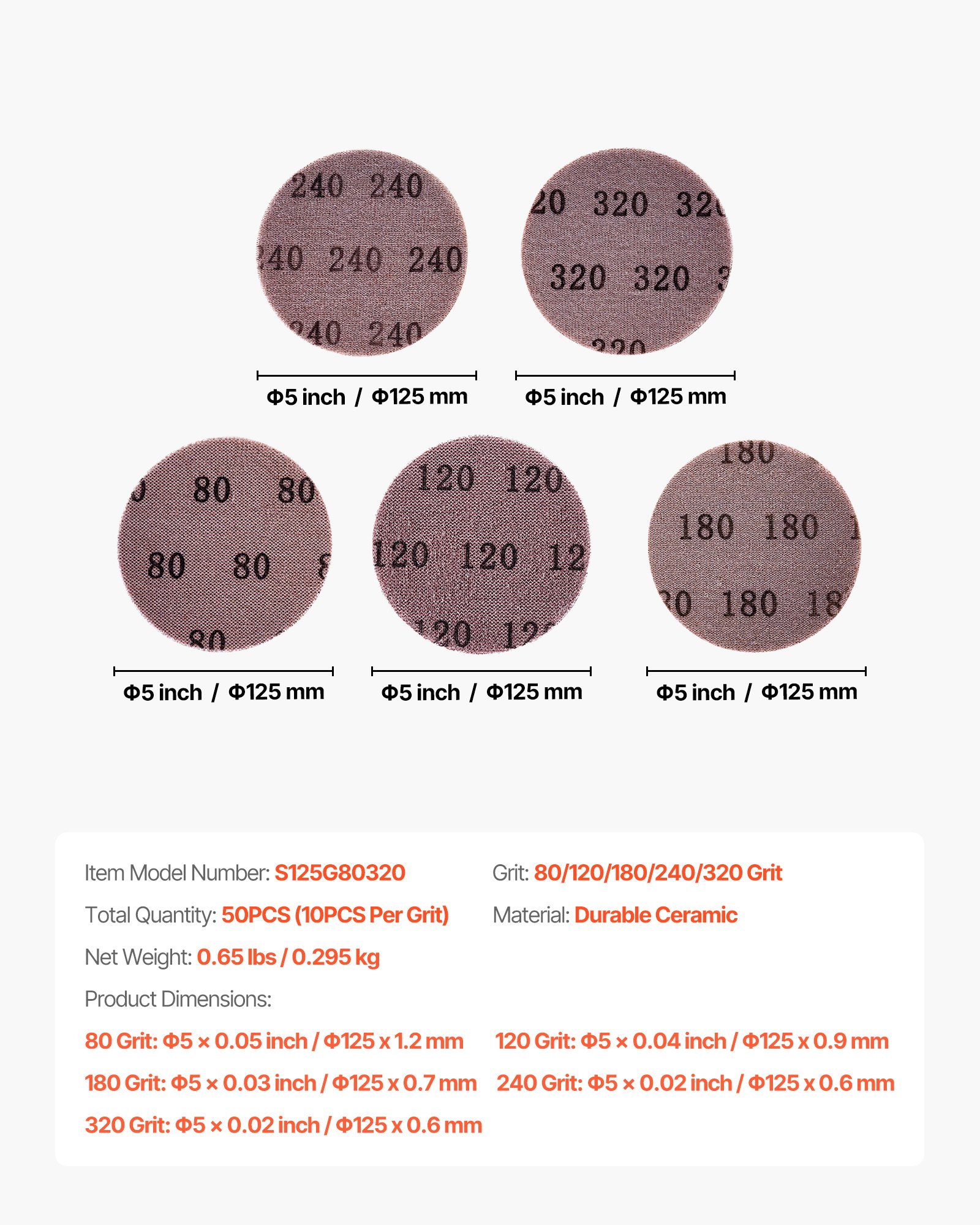 VEVOR 5-inch Mesh Abrasive Sanding Discs 50PCS, Grit 80/120/180/240/320 Assorted Anti-Clogging Ceramic Mesh Sandpapers, Hook-and-Loop Sanding Discs for Metal Wood Plaster, Car Body, Paint Removal