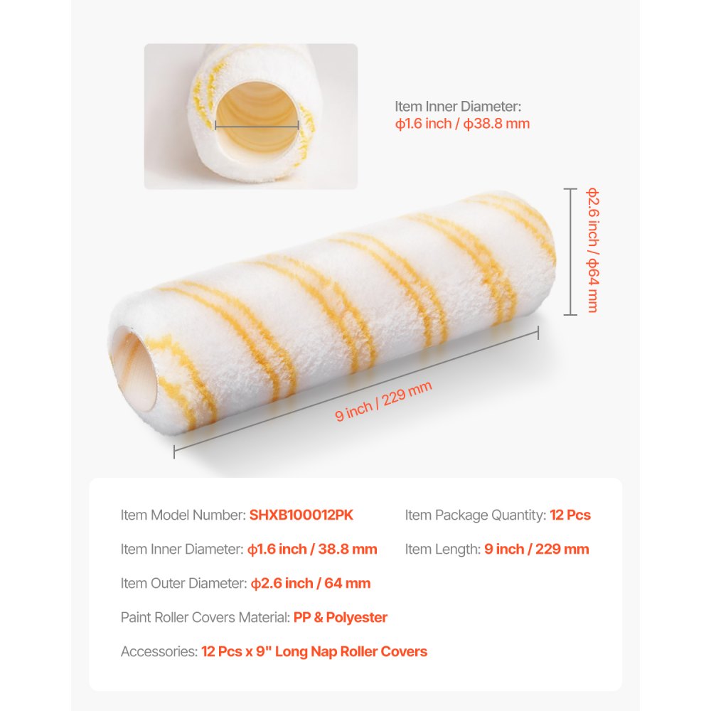 VEVOR Paint Roller Covers, 12 Pack 9 Inch Shedless Roller Covers, 3/8 Inch Nap High Dense Roller Covers for Roller Frame & Paint Roller Kit, Paint Rollers for Painting Walls, House Painting Supplies