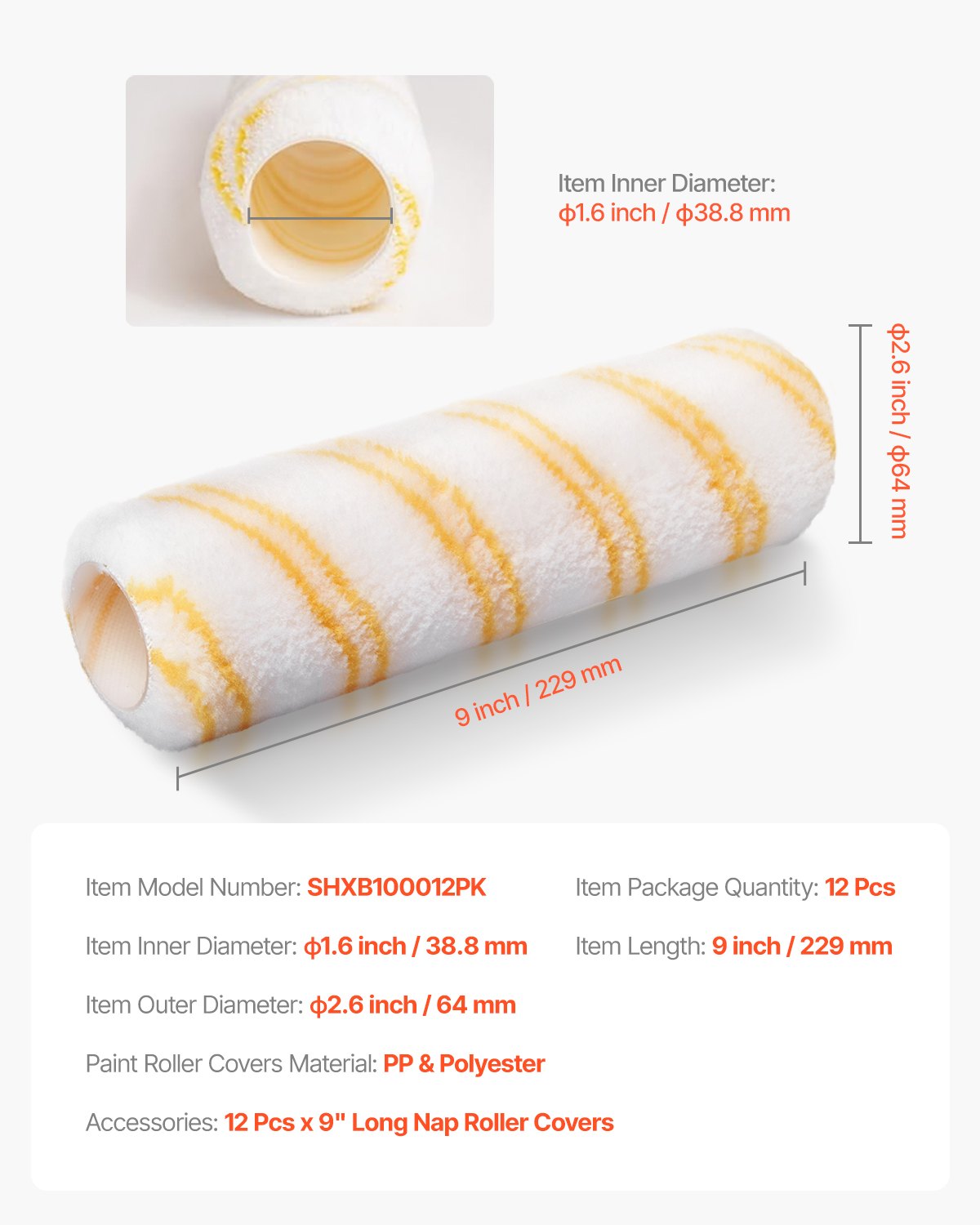 VEVOR Paint Roller Covers, 12 Pack 9 Inch Shedless Roller Covers, 3/8 Inch Nap High Dense Roller Covers for Roller Frame & Paint Roller Kit, Paint Rollers for Painting Walls, House Painting Supplies