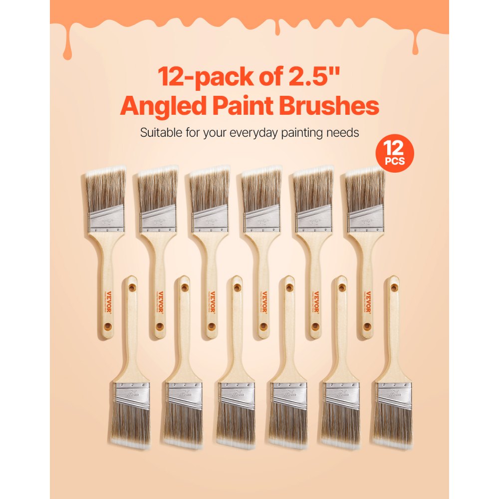 VEVOR Paint Brushes, 12 Piece Angle Paint Brush, Treated Wood Handle, Paint Brush Set for All Latex and Oil Paints & Stains, Wood Stain Brushes for Cabinets, Walls, Fences, Interior & Exterior Use