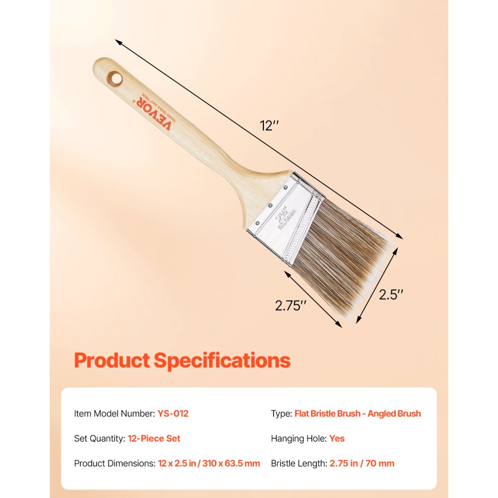 VEVOR Paint Brushes, 12 Piece Angle Paint Brush, Treated Wood Handle, Paint Brush Set for All Latex and Oil Paints & Stains, Wood Stain Brushes for Cabinets, Walls, Fences, Interior & Exterior Use