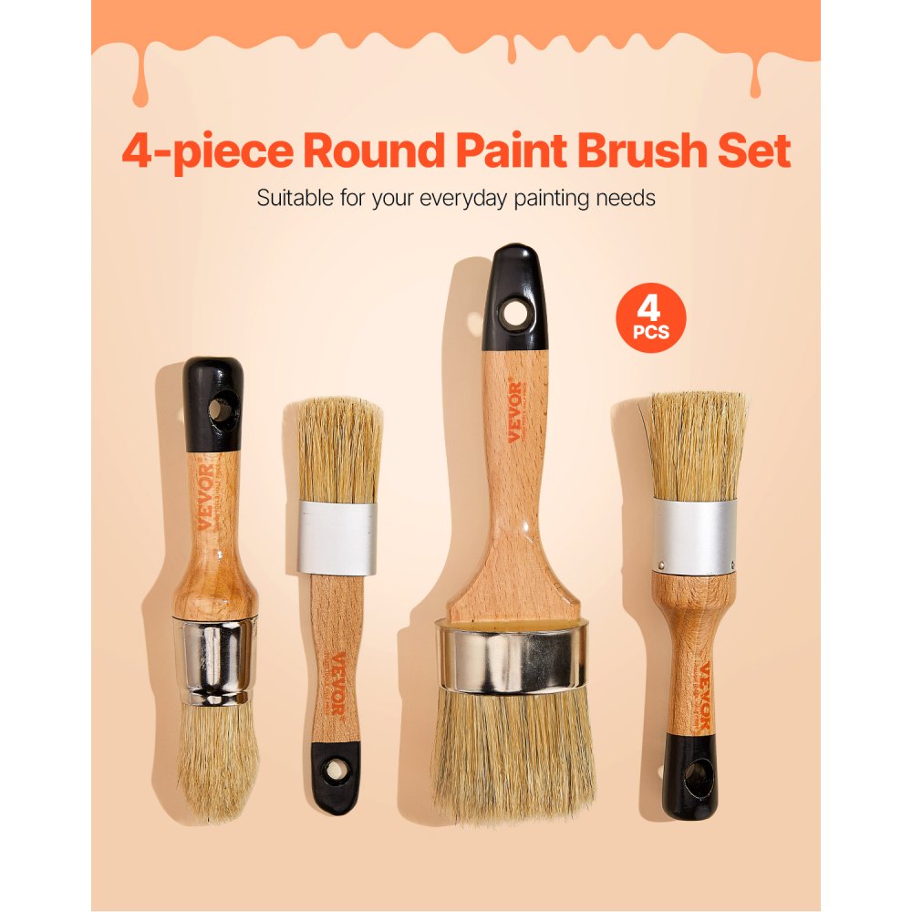 VEVOR Chalk Wax Paint Brush, 4 Piece Wax Paint Brush, Chalk Paint Brushes for Furniture, Acrylic Paint,Milk Paint,Home Decor, Natural Bristle Round Oval Chalk Paint Brush for All Painting and Waxing