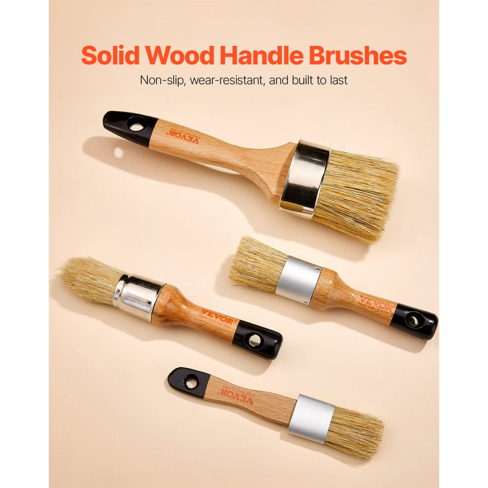VEVOR Chalk Wax Paint Brush, 4 Piece Wax Paint Brush, Chalk Paint Brushes for Furniture, Acrylic Paint,Milk Paint,Home Decor, Natural Bristle Round Oval Chalk Paint Brush for All Painting and Waxing