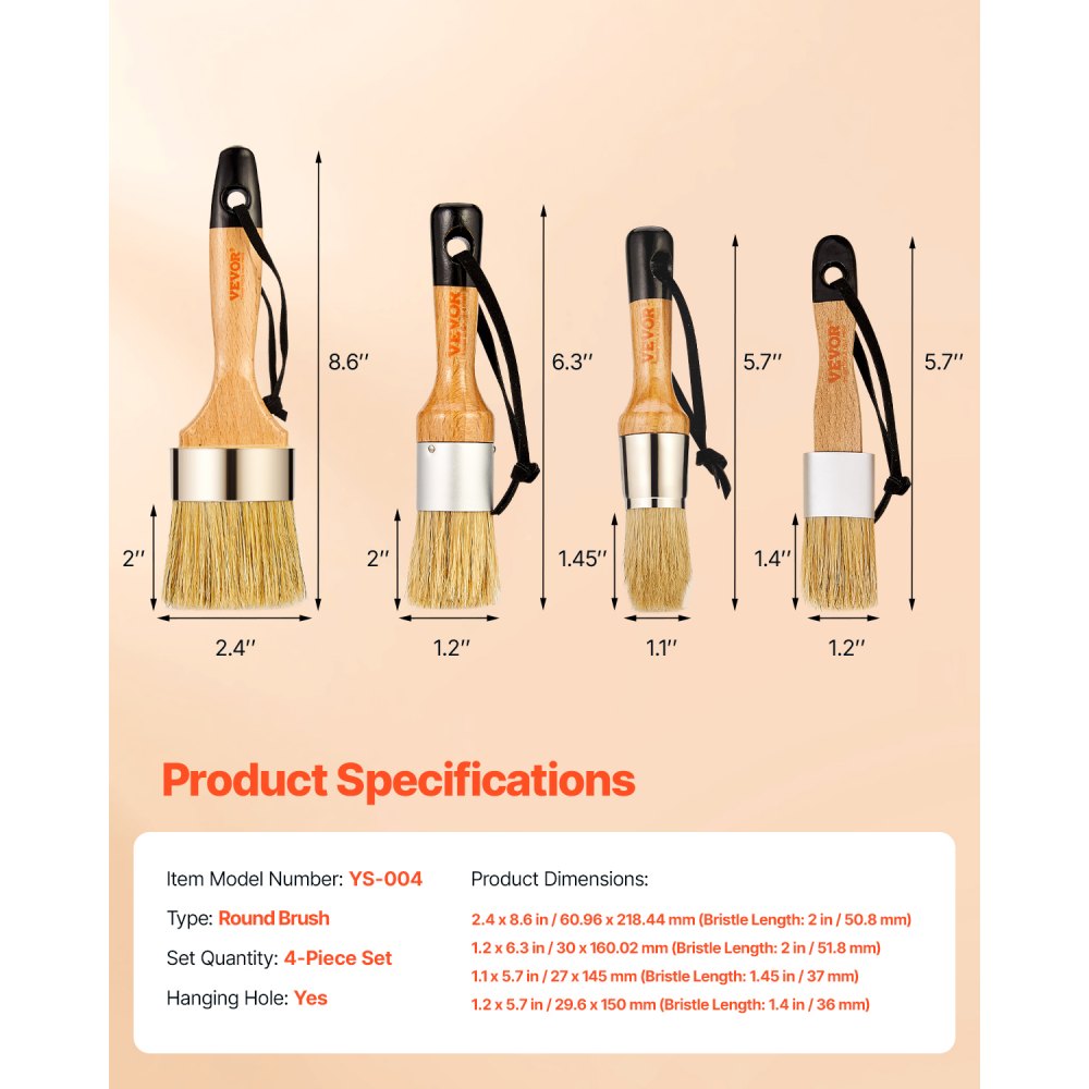 VEVOR Chalk Wax Paint Brush, 4 Piece Wax Paint Brush, Chalk Paint Brushes for Furniture, Acrylic Paint,Milk Paint,Home Decor, Natural Bristle Round Oval Chalk Paint Brush for All Painting and Waxing