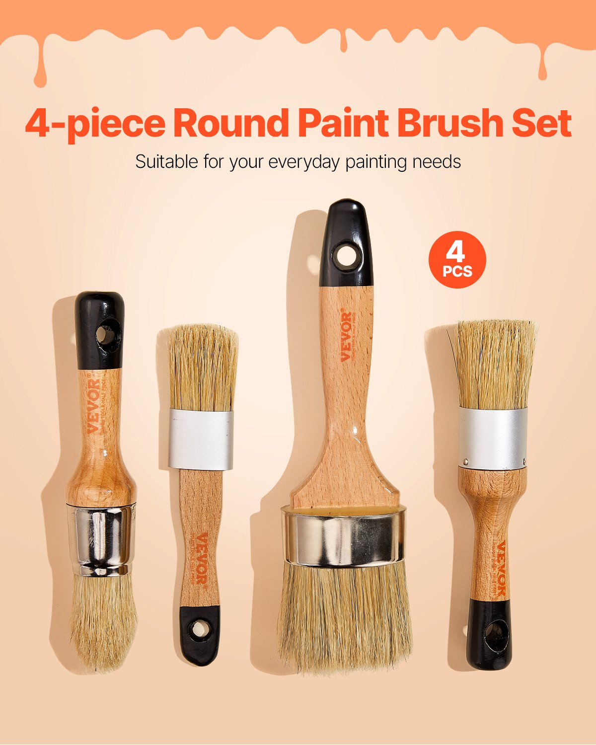 VEVOR Chalk Wax Paint Brush, 4 Piece Wax Paint Brush, Chalk Paint Brushes for Furniture, Acrylic Paint,Milk Paint,Home Decor, Natural Bristle Round Oval Chalk Paint Brush for All Painting and Waxing
