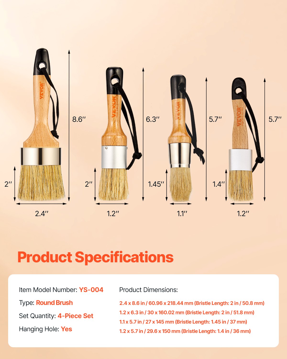 VEVOR Chalk Wax Paint Brush, 4 Piece Wax Paint Brush, Chalk Paint Brushes for Furniture, Acrylic Paint,Milk Paint,Home Decor, Natural Bristle Round Oval Chalk Paint Brush for All Painting and Waxing