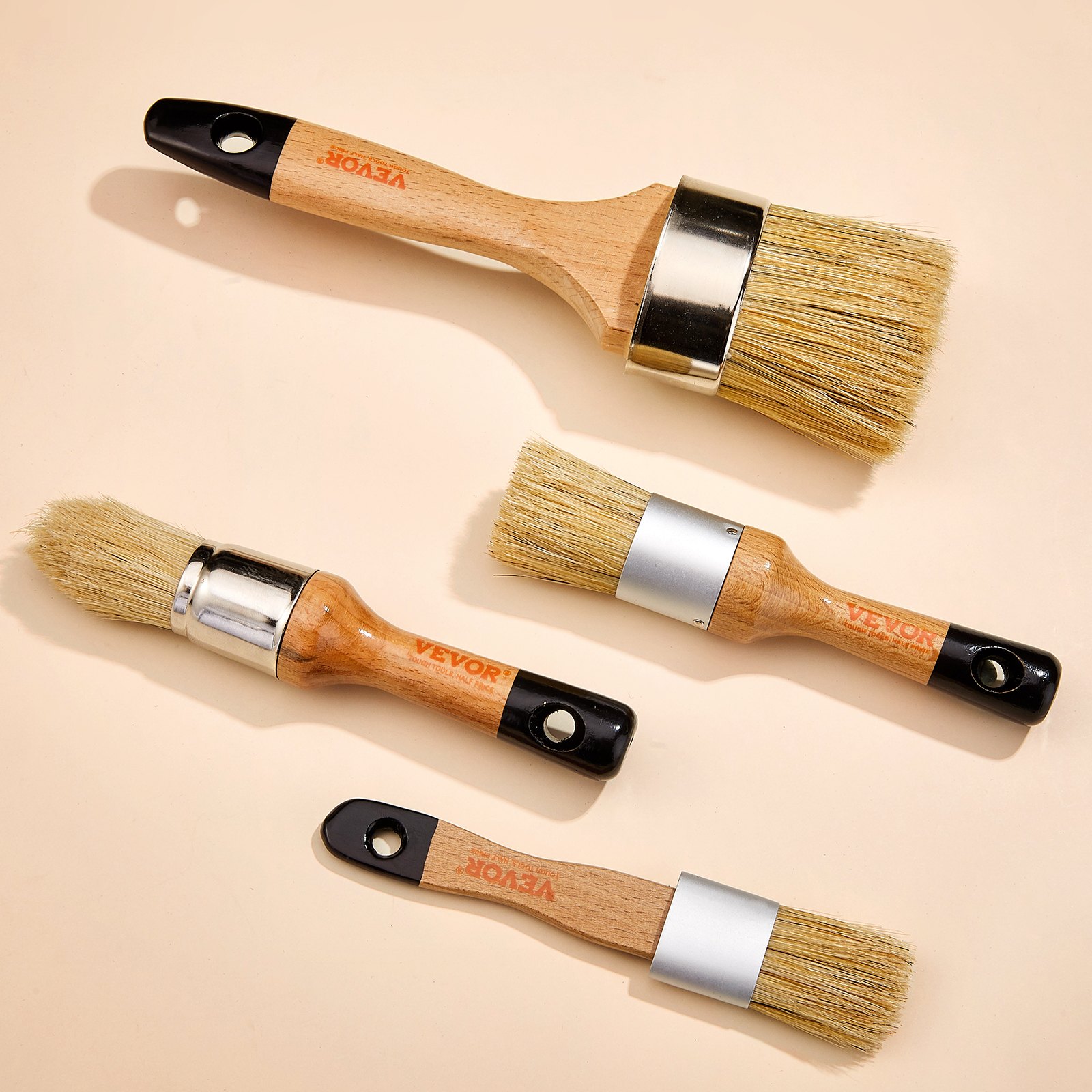 VEVOR Chalk Wax Paint Brush, 4 Piece Wax Paint Brush, Chalk Paint Brushes for Furniture, Acrylic Paint,Milk Paint,Home Decor, Natural Bristle Round Oval Chalk Paint Brush for All Painting and Waxing