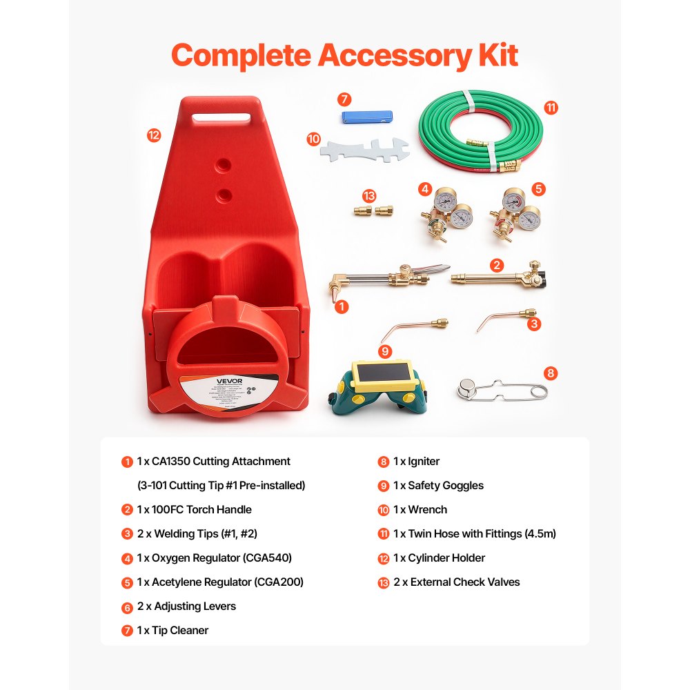 VEVOR Oxygen Acetylene Torch Kit with Check Valves, Gas Welding Cutting Torch Kit, Portable Oxy Acetylene Brazing Set with 15FT Twin-Hose, 1 Cutting Tip, 2 Welding Tips, 2 Regulators & Cylinder Holder