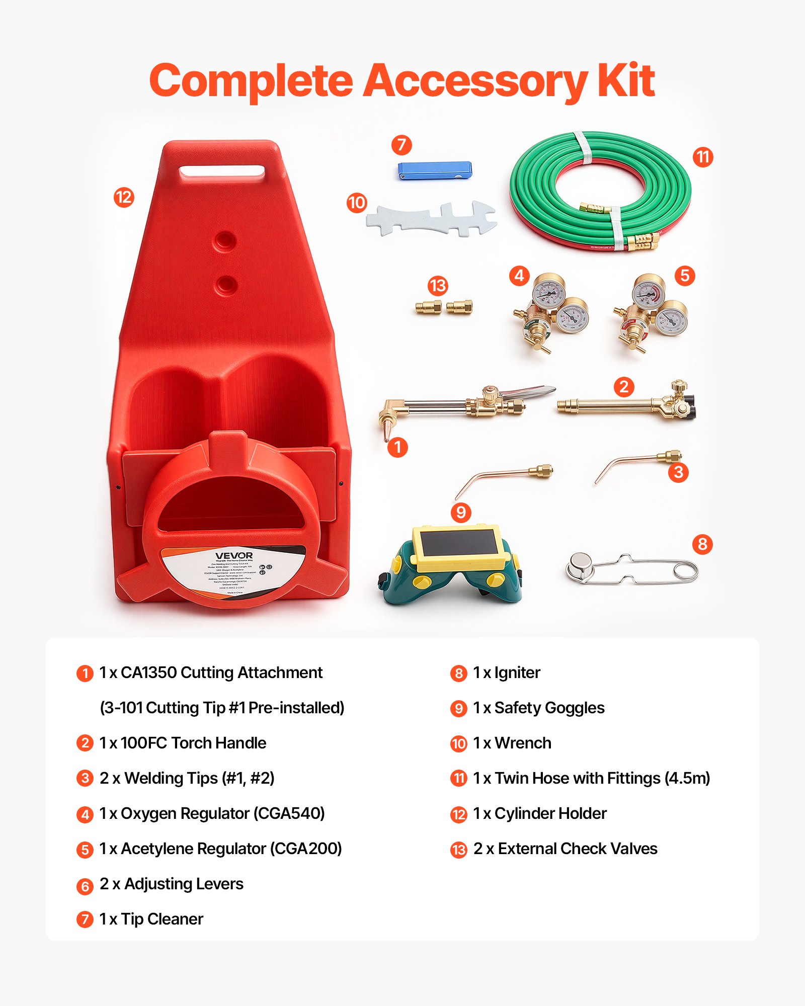 VEVOR Oxygen Acetylene Torch Kit with Check Valves, Gas Welding Cutting Torch Kit, Portable Oxy Acetylene Brazing Set with 15FT Twin-Hose, 1 Cutting Tip, 2 Welding Tips, 2 Regulators & Cylinder Holder