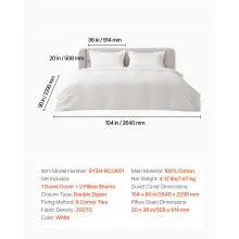 VEVOR King Duvet Cover Set, 100% Cotton, 3 Pieces Bedding Set King Size with 1 Duvet Cover 104 x 90 in and 2 Pillow Shams 20 x 36 in, Soft Breathable, Double Zipper Closure, for Home Bedding, White