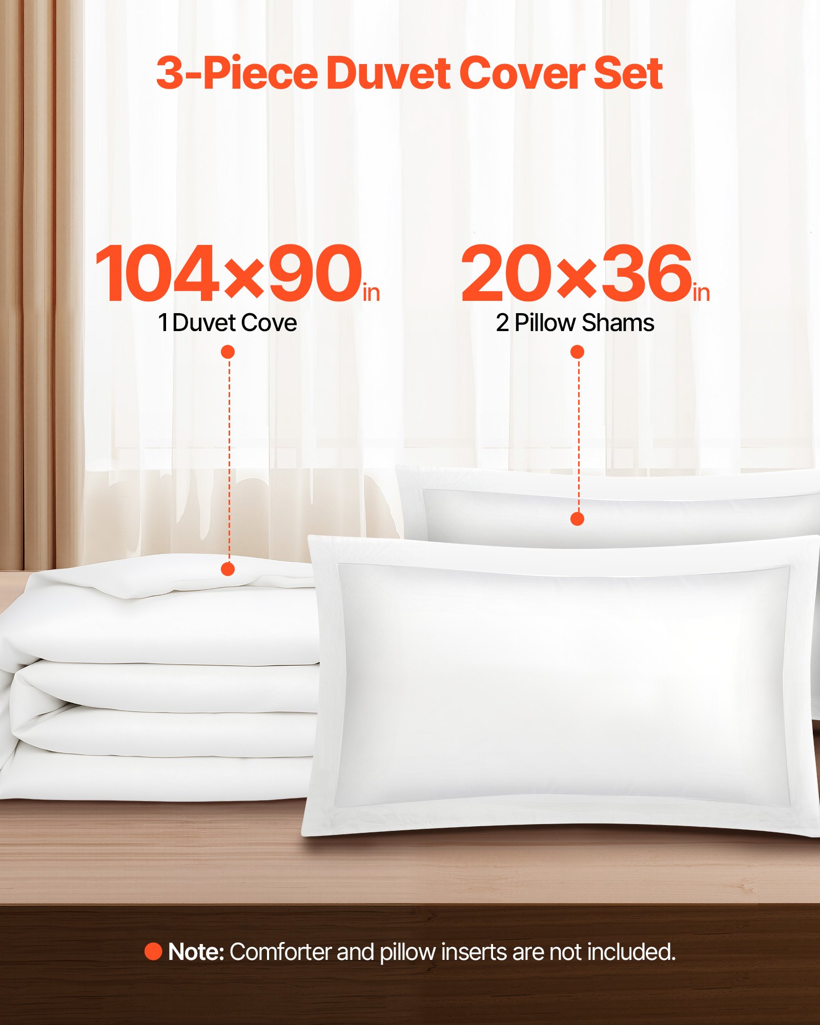 VEVOR King Duvet Cover Set, 100% Cotton, 3 Pieces Bedding Set King Size with 1 Duvet Cover 104 x 90 in and 2 Pillow Shams 20 x 36 in, Soft Breathable, Double Zipper Closure, for Home Bedding, White