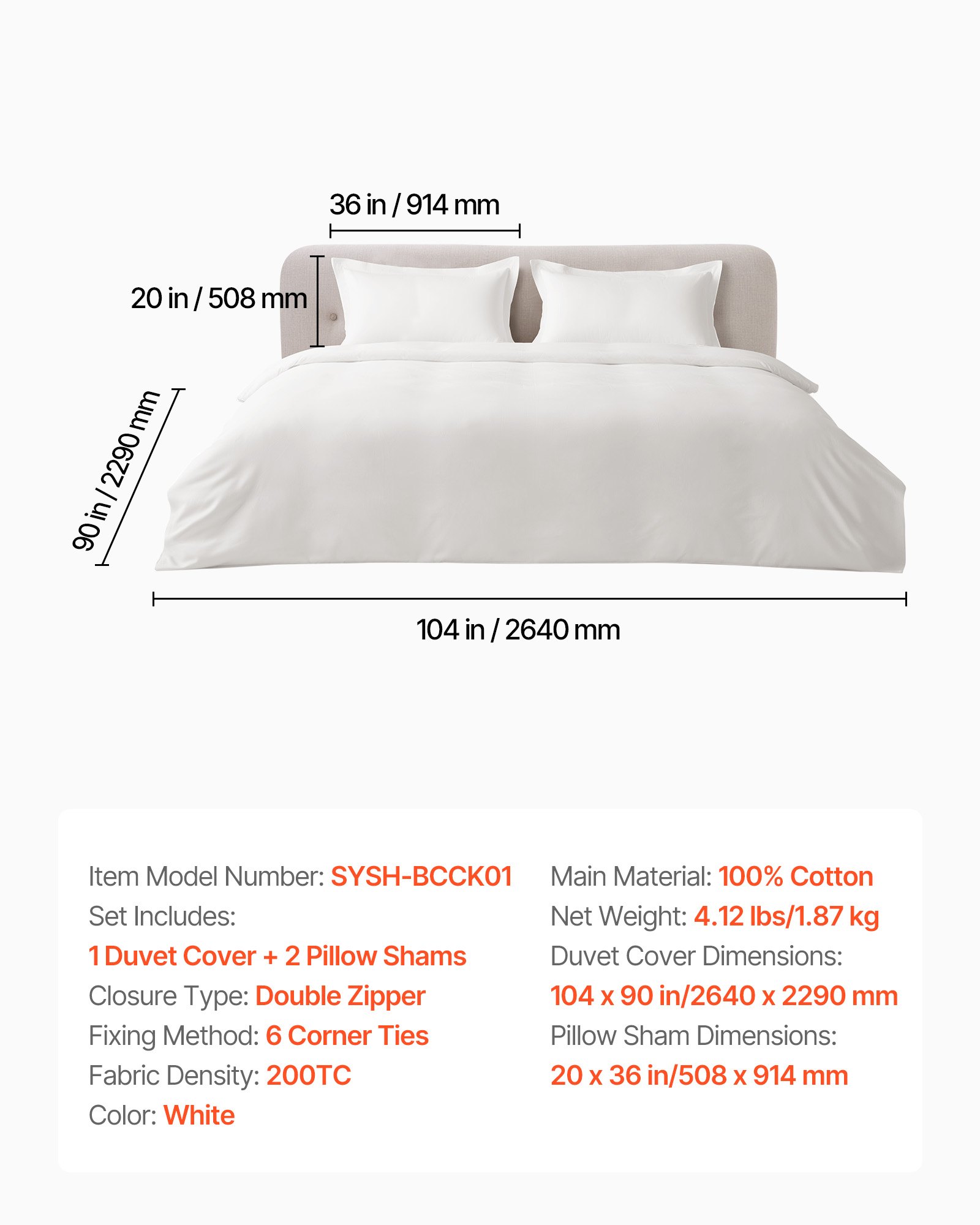 VEVOR King Duvet Cover Set, 100% Cotton, 3 Pieces Bedding Set King Size with 1 Duvet Cover 104 x 90 in and 2 Pillow Shams 20 x 36 in, Soft Breathable, Double Zipper Closure, for Home Bedding, White