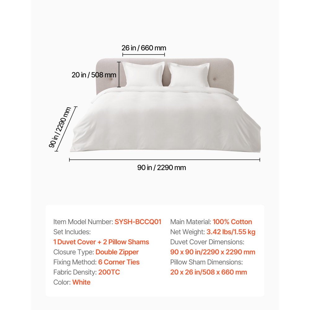 VEVOR Queen Duvet Cover Set, 100% Cotton, 3 Pieces Bedding Set Queen Size with 1 Duvet Cover 90 x 90 in and 2 Pillow Shams 20 x 26 in, Soft Breathable, Double Zipper Closure, for Home Bedding, White