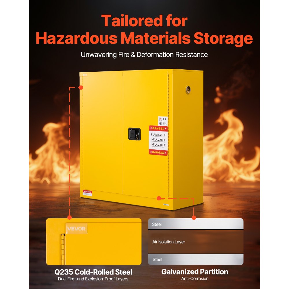 VEVOR Flammable Cabinet, 109.2 x 46 x 118 cm, 29 Gallon Flammable Storage Cabinet with Adjustable Shelf, Cold-Rolled and Galvanized Steel Fire Cabinets, for Commercial Industrial and Home Use, Yellow