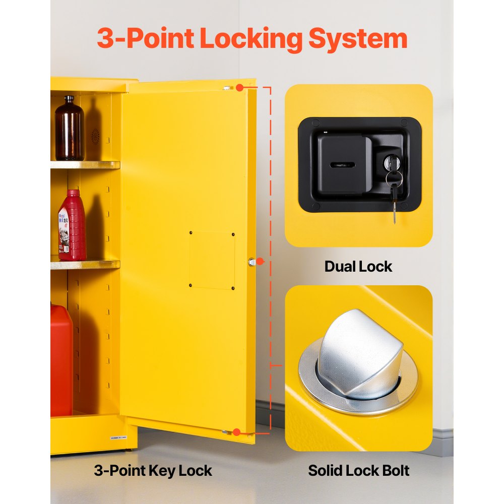 VEVOR Flammable Cabinet, 109.2 x 46 x 118 cm, 29 Gallon Flammable Storage Cabinet with Adjustable Shelf, Cold-Rolled and Galvanized Steel Fire Cabinets, for Commercial Industrial and Home Use, Yellow