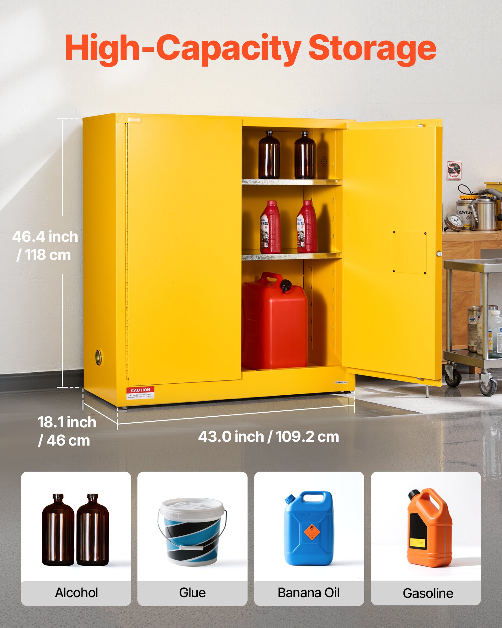 VEVOR Flammable Cabinet, 109.2 x 46 x 118 cm, 29 Gallon Flammable Storage Cabinet with Adjustable Shelf, Cold-Rolled and Galvanized Steel Fire Cabinets, for Commercial Industrial and Home Use, Yellow