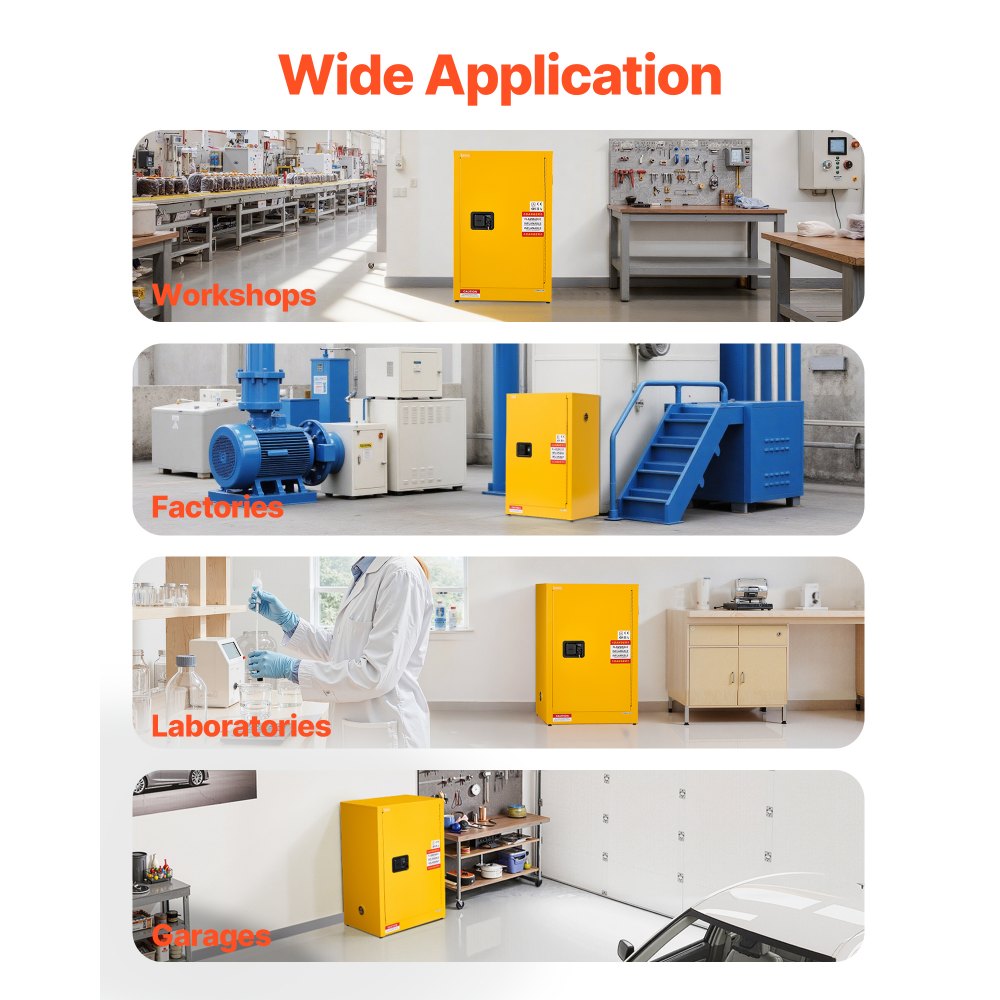 Hořlavá skříň VEVOR, 59 x 46 x 90 cm, 13galonová hořlavá skladovací skříň s nastavitelnou policí, protipožární skříně z válcované a pozinkované oceli, pro komerční, průmyslové a domácí použití, žlutá