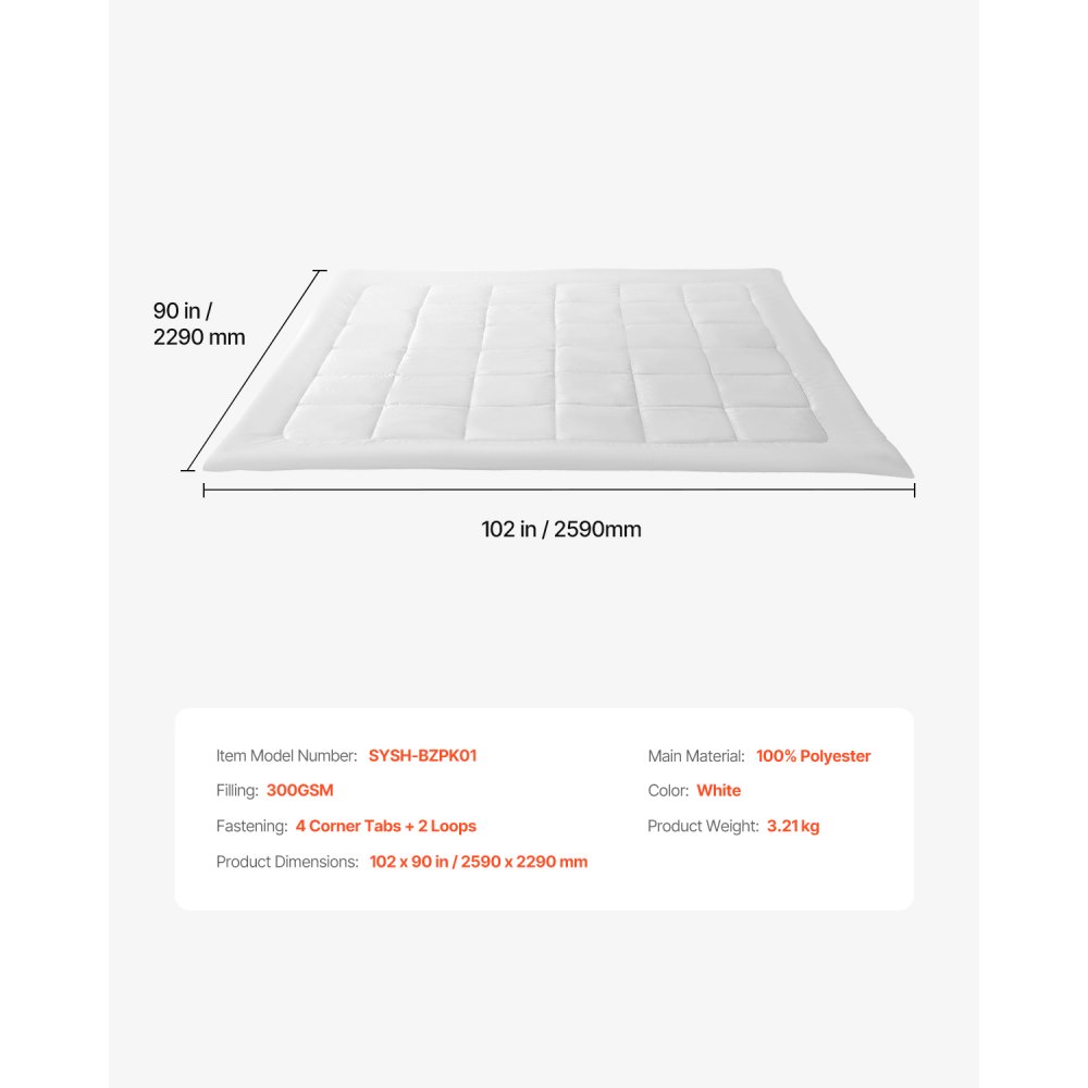 VEVOR Comforter Duvet Insert, 102 x 90 in, King Size Down Alternative Comforter, Quilted All Season Duvet with 4 Tabs, Soft & Machine Washable, Box Stitched Bedding for Home Hotel, Women/Men, White