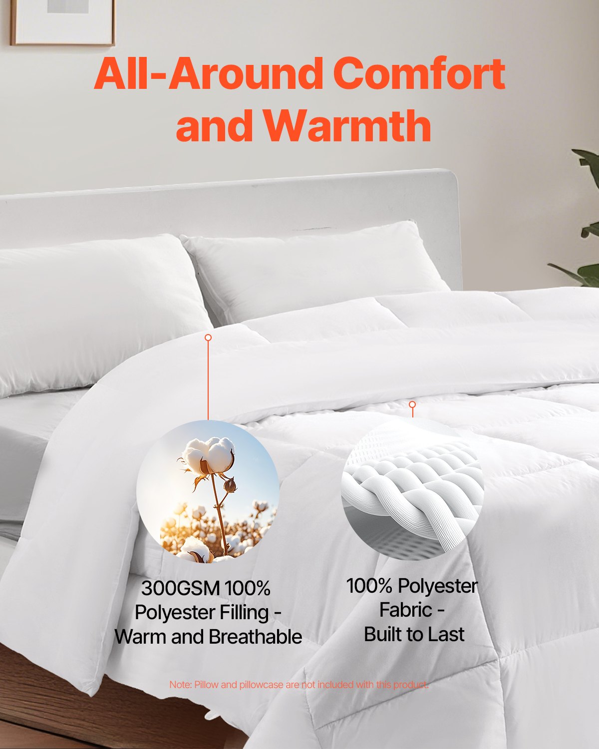 VEVOR Comforter Duvet Insert, 88 x 88 in, Queen Size Down Alternative Comforter, Quilted All Season Duvet with 4 Tabs, Soft & Machine Washable, Box Stitched Bedding for Home Hotel, Women/Men, White