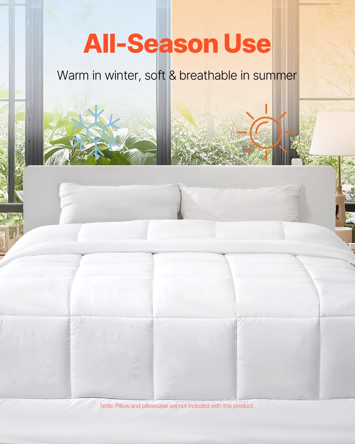 VEVOR Comforter Duvet Insert, 88 x 88 in, Queen Size Down Alternative Comforter, Quilted All Season Duvet with 4 Tabs, Soft & Machine Washable, Box Stitched Bedding for Home Hotel, Women/Men, White