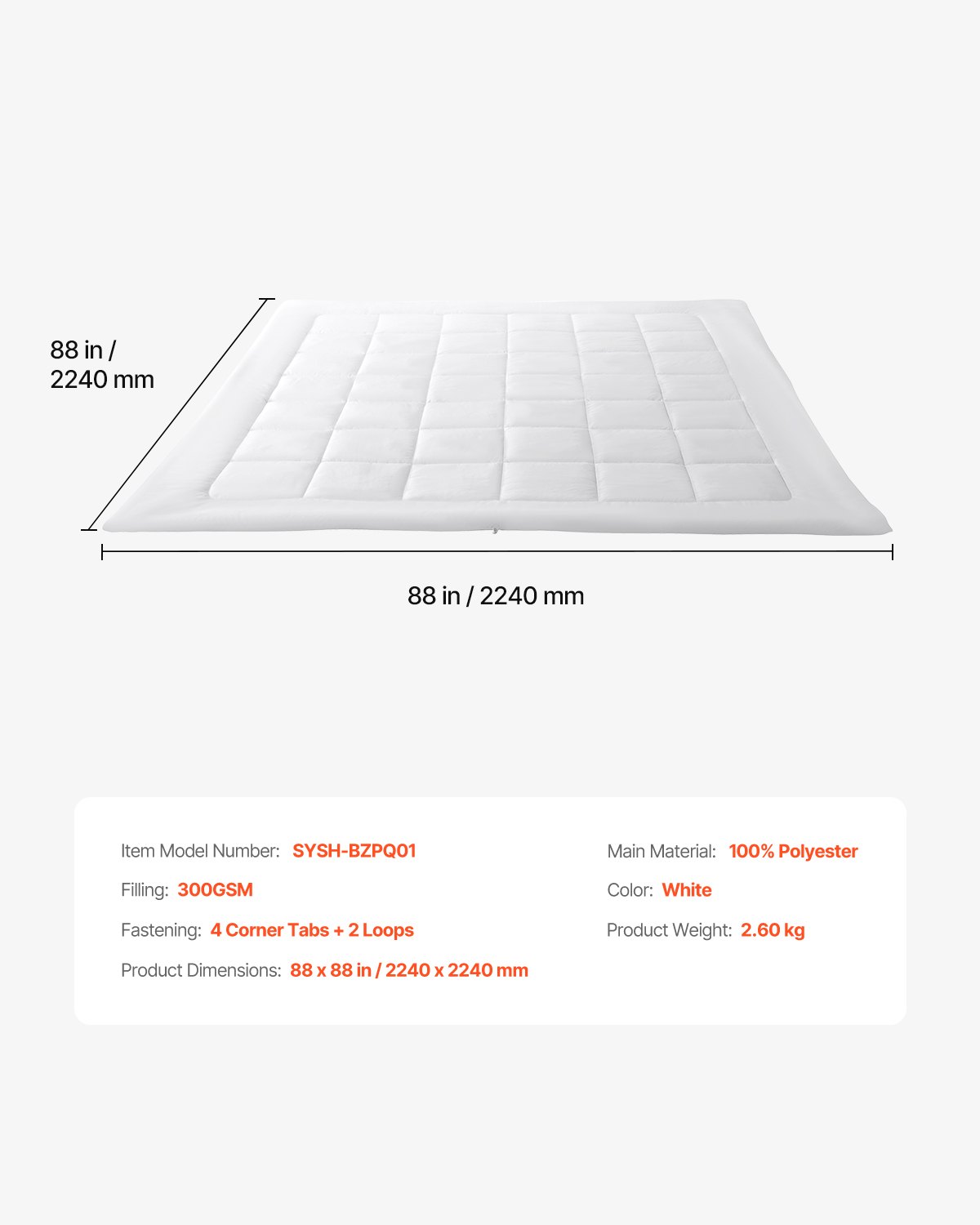 VEVOR Comforter Duvet Insert, 88 x 88 in, Queen Size Down Alternative Comforter, Quilted All Season Duvet with 4 Tabs, Soft & Machine Washable, Box Stitched Bedding for Home Hotel, Women/Men, White