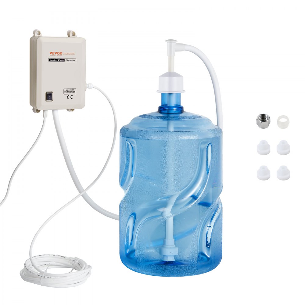 VEVOR bottled water dispensing pump setup with a blue water jug and accessories.