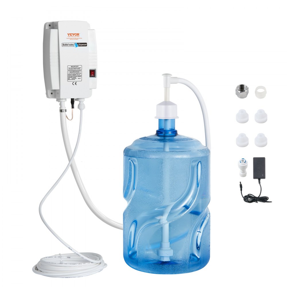 VEVOR water dispenser pump with accessories and a large blue water jug.