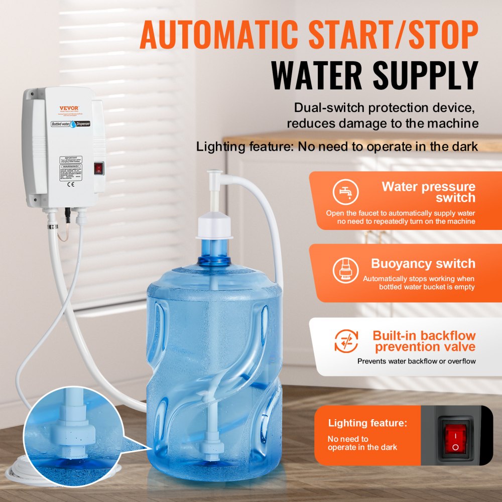 VEVOR Bottled Water Dispenser Pump System, 5 Gallon Dispensing System, Automatic Electric Water Dispenser, Single Inlet Water Jug Pump, Compatible Use with Coffee/Tea Machine, Refrigerator, Ice Maker