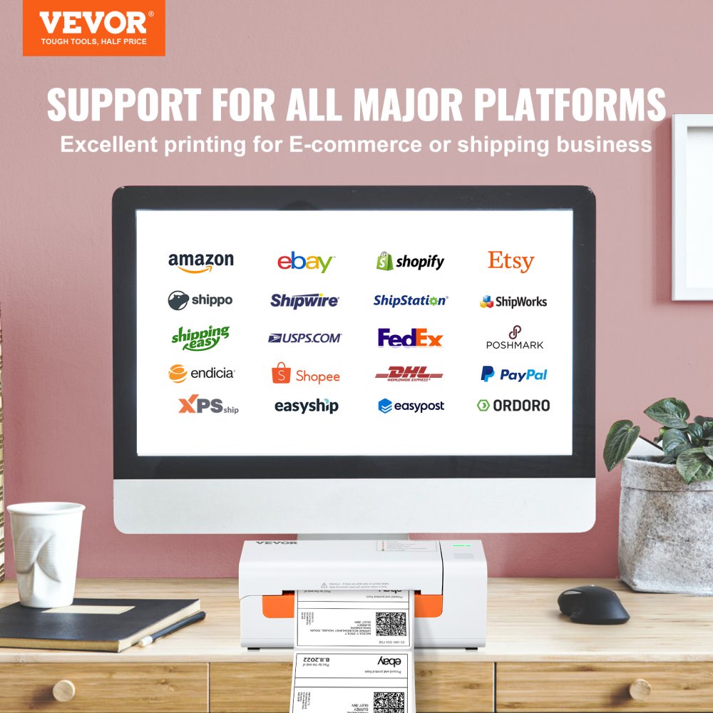 VEVOR Thermal Label Printer, Shipping Label Printer for 4\" x 6\" Shipping Labels, USB Connection & Automatic Label Recognition, Support Windows/MacOS/Linux, Compatible with Amazon, Ebay, Etsy, UPS,et
