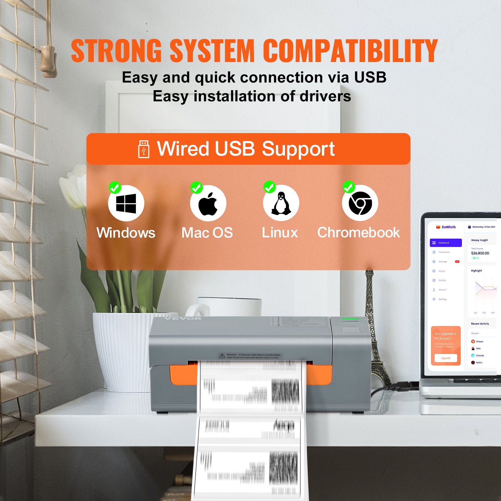 Tepelná tlačiareň štítkov VEVOR, 203 DPI 60 ks/min pre 4x6 poštových balíkov, pripojenie USB a automatické rozpoznávanie štítkov, podpora Windows/MacOS/Linux, kompatibilné s Amazon, eBay, Etsy, UPS atď., Gray
