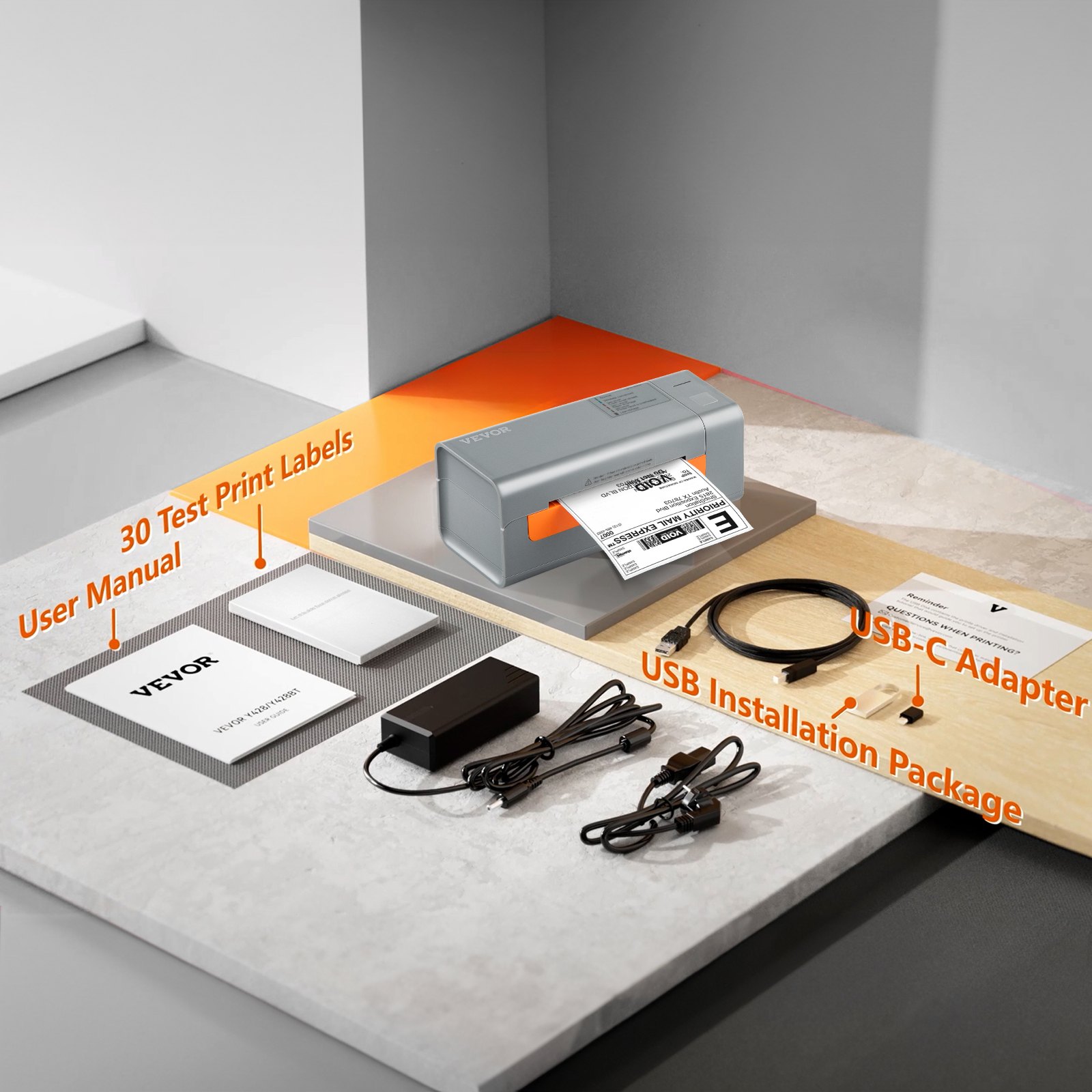 Tepelná tlačiareň štítkov VEVOR, 203 DPI 60 ks/min pre 4x6 poštových balíkov, pripojenie USB a automatické rozpoznávanie štítkov, podpora Windows/MacOS/Linux, kompatibilné s Amazon, eBay, Etsy, UPS atď., Gray