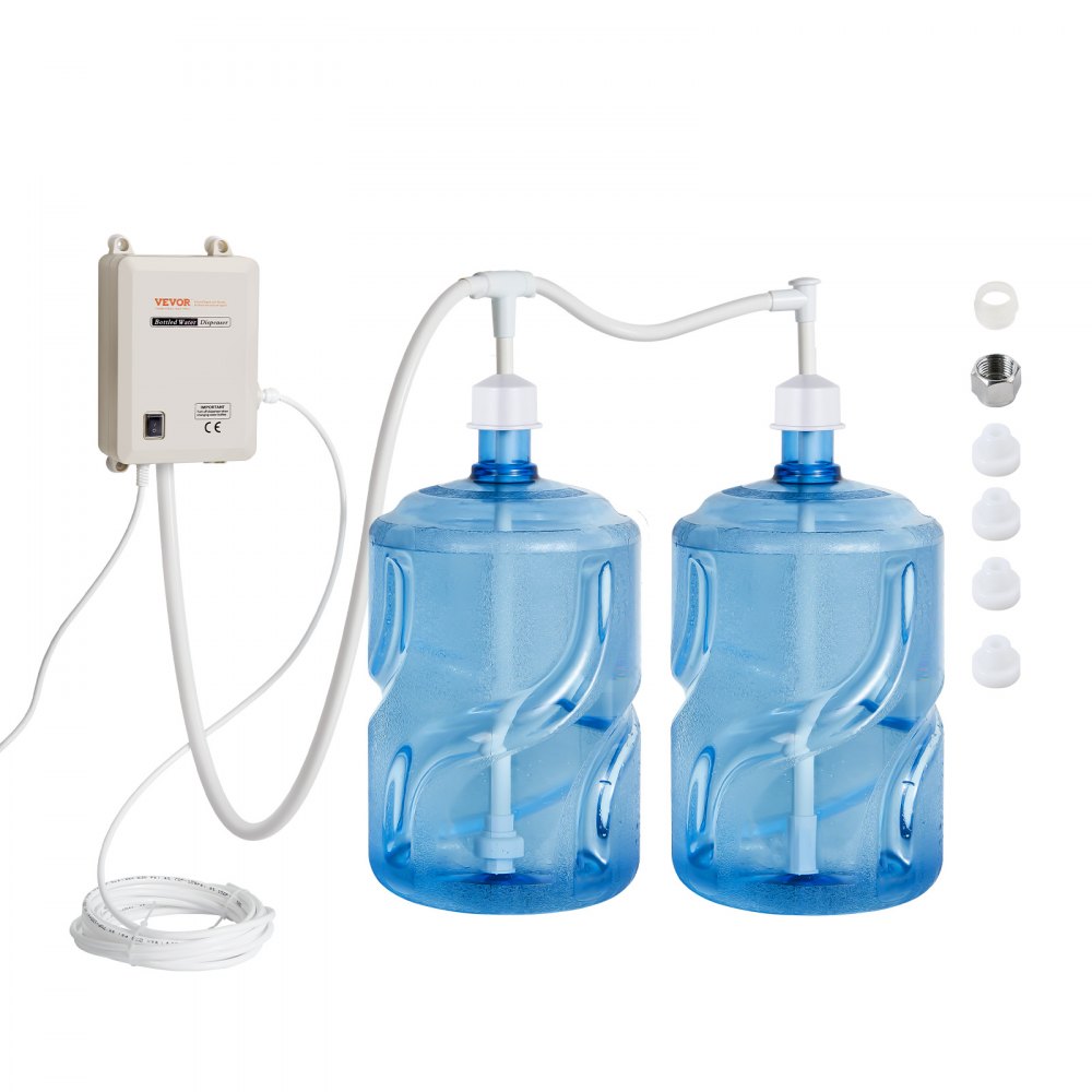 VEVOR bottled water dispenser system with dual blue water jugs and accessory attachments.