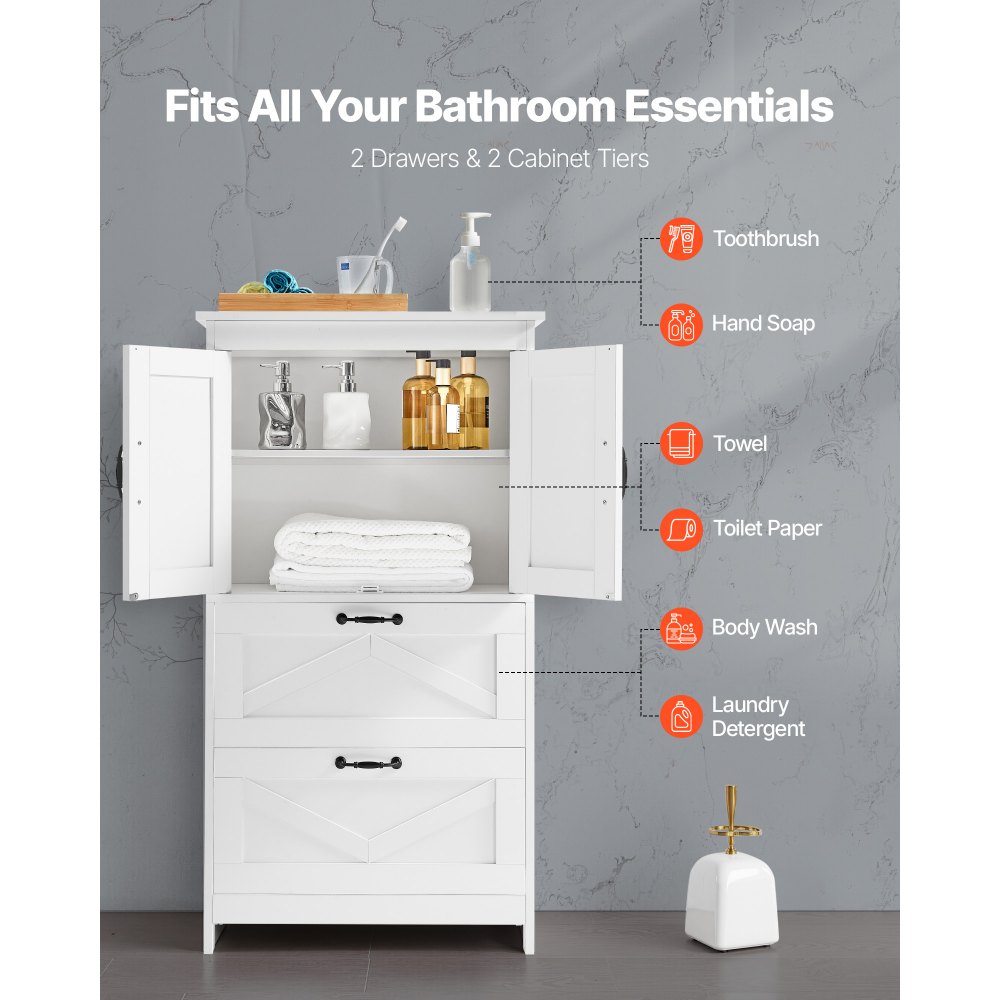 VEVOR Bathroom Floor Cabinet, 4-Tier, Wooden Storage Organizer with 2 Doors, 2 Drawers and Adjustable Shelf, Modern Home Furniture Freestanding Cupboard for Kitchen/Living Room/Entryway Use, White