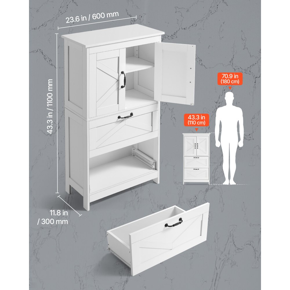 VEVOR Bathroom Floor Cabinet, 4-Tier, Wooden Storage Organizer with 2 Doors, 2 Drawers and Adjustable Shelf, Modern Home Furniture Freestanding Cupboard for Kitchen/Living Room/Entryway Use, White
