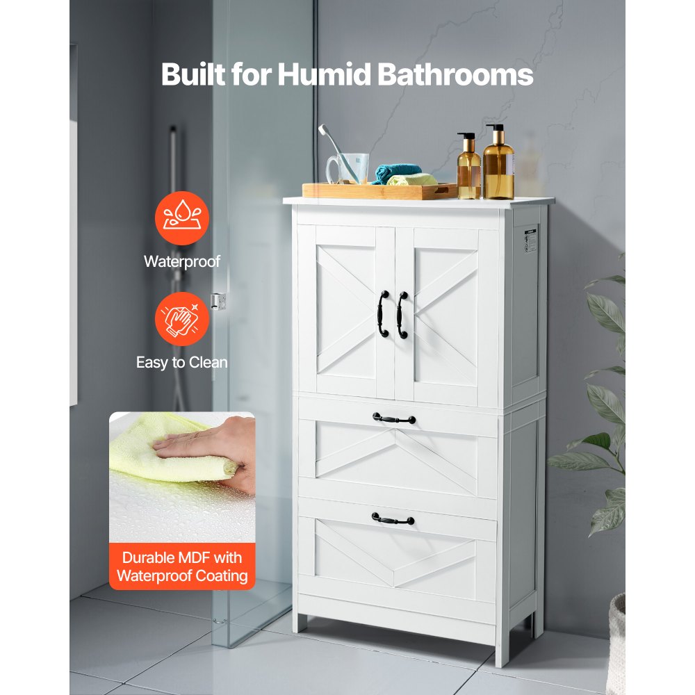 VEVOR Bathroom Floor Cabinet, 4-Tier, Wooden Storage Organizer with 2 Doors, 2 Drawers and Adjustable Shelf, Modern Home Furniture Freestanding Cupboard for Kitchen/Living Room/Entryway Use, White