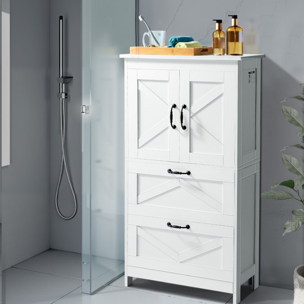 VEVOR Bathroom Floor Cabinet, 4-Tier, Wooden Storage Organizer with 2 Doors, 2 Drawers and Adjustable Shelf, Modern Home Furniture Freestanding Cupboard for Kitchen/Living Room/Entryway Use, White