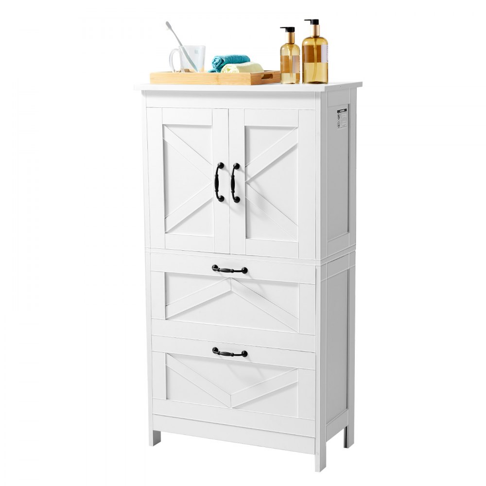 VEVOR Bathroom Floor Cabinet, 4-Tier, Wooden Storage Organizer with 2 Doors, 2 Drawers and Adjustable Shelf, Modern Home Furniture Freestanding Cupboard for Kitchen/Living Room/Entryway Use, White
