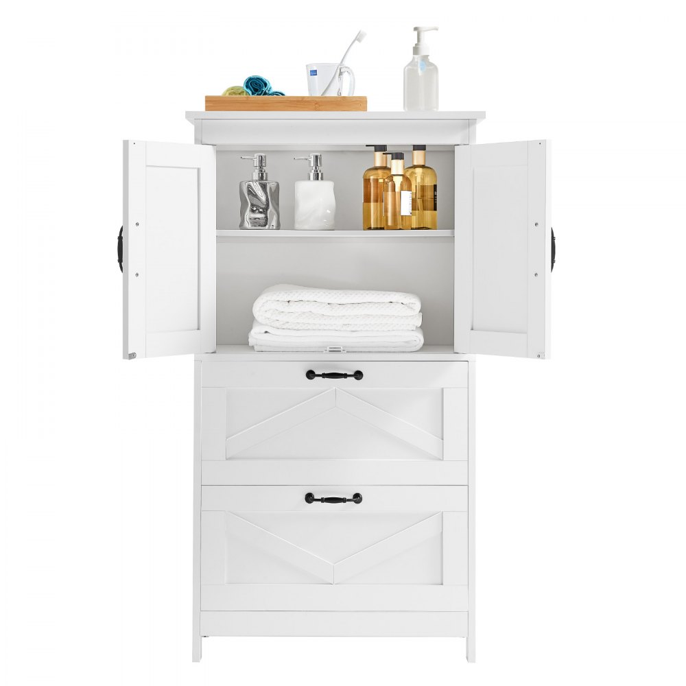 VEVOR Bathroom Floor Cabinet, 4-Tier, Wooden Storage Organizer with 2 Doors, 2 Drawers and Adjustable Shelf, Modern Home Furniture Freestanding Cupboard for Kitchen/Living Room/Entryway Use, White